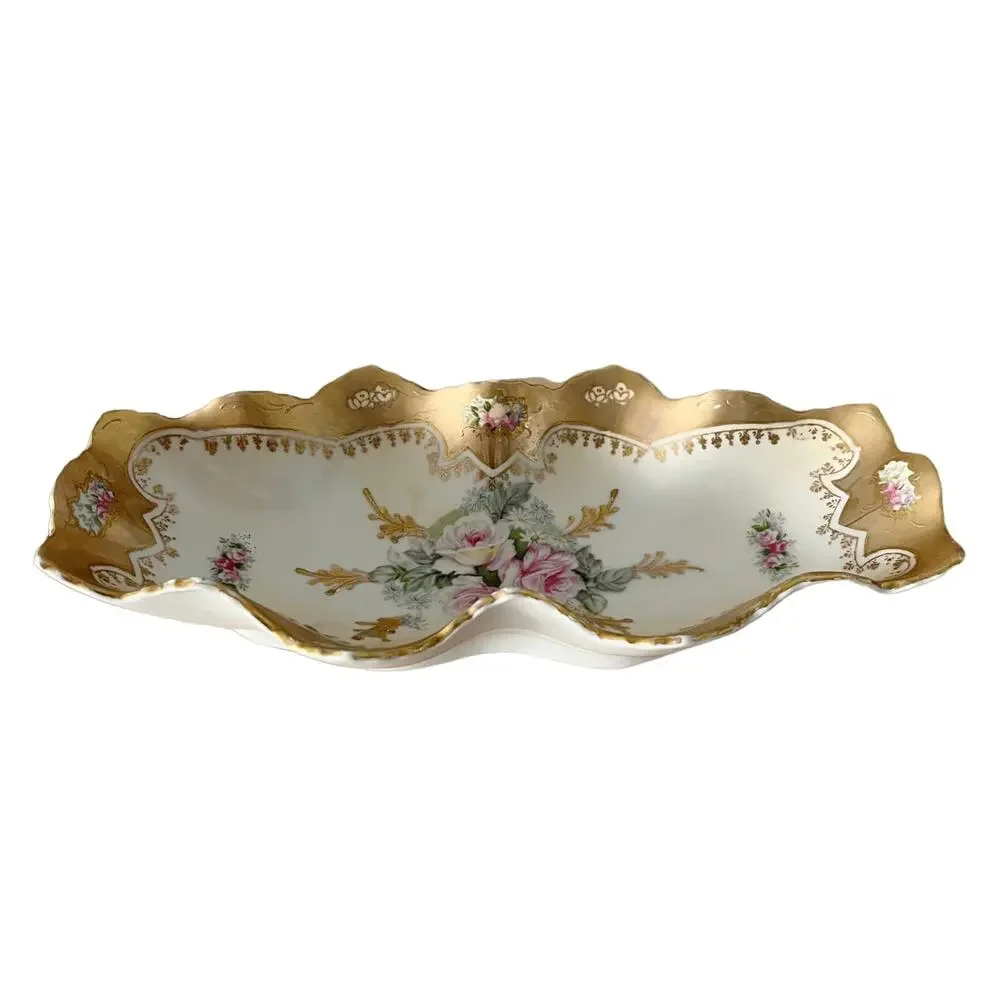 VINTAGE ROYAL CROWN Hand Painted Gold Rose Pattern Candy Dish Gold Trim 11